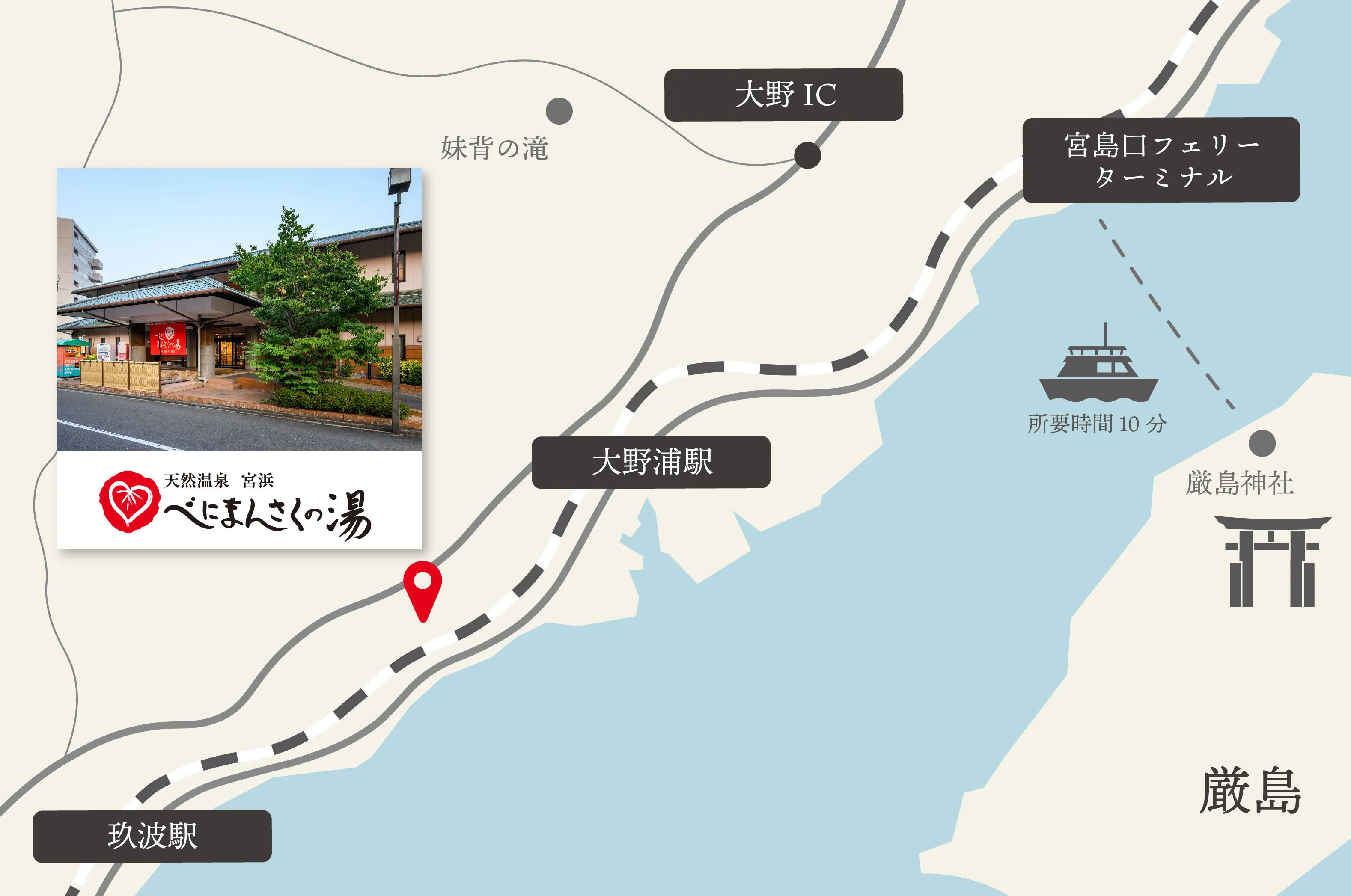 天然温泉　宮浜 べにまんさくの湯 妹背の滝 大野IC 広電宮島口 大野浦駅 厳島神社 玖波駅 厳島